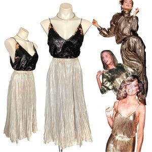 g l a m :: Vintage Golden Metallic Pleated Midi Skirt